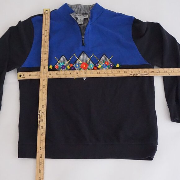 VTG Alfred Dunner Black Blue Floral Quarter Zip Sweatshirt Eclectic Grandpa M - Picture 3 of 9